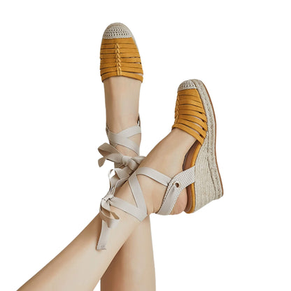 Platform Straw Woven Wedge Sandals in white/yellow with super high heels. Sheepskin upper, beef tendon sole. Sizes 34-39 for summer elegance