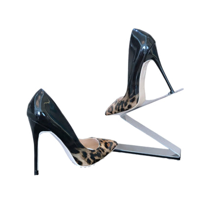 Shallow mouth 12CM leopard color matching high heels with pointed toe, PU fabric, and foam rubber outsole for women