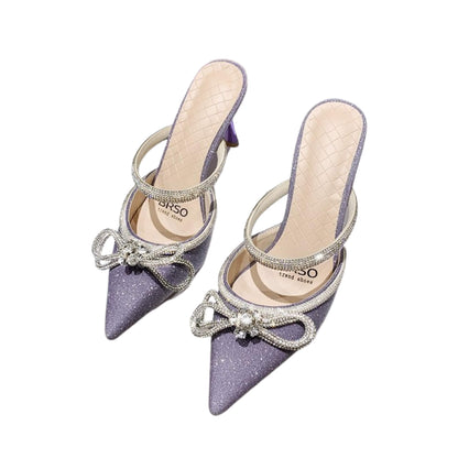 Women's summer stiletto pointed toe sandals & slippers in purple, silver, and pink. Stylish, lightweight, with rubber sole for comfort. Perfect for summer wear