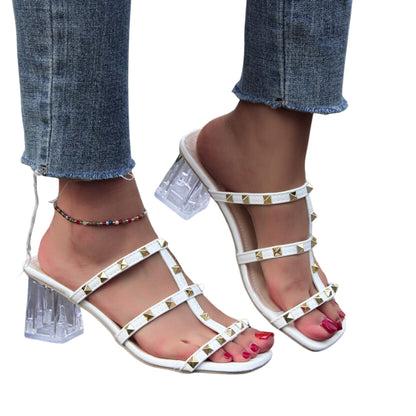 Rivet High-Heeled Sandals with PU upper, rubber sole, round toe, and back zipper. Stylish and durable for any occasion