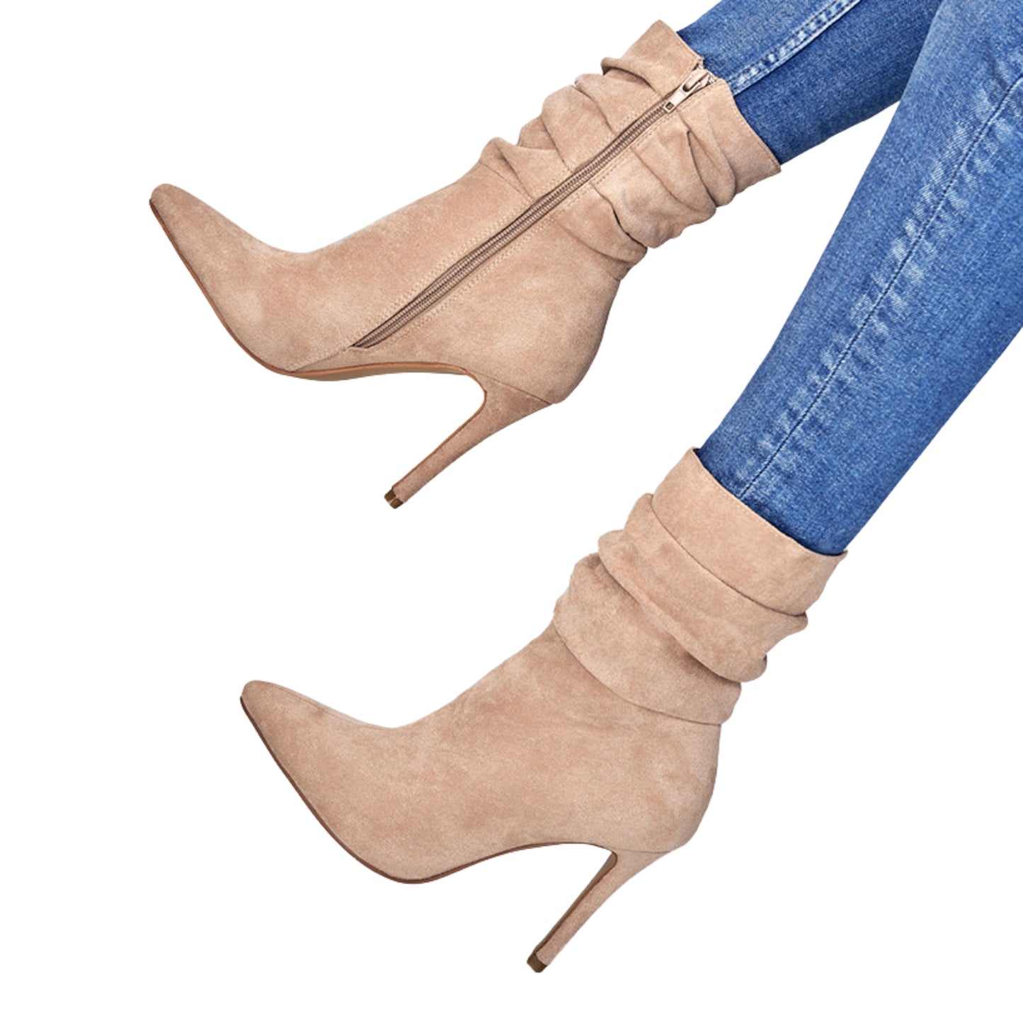 Pointed-toe stiletto heel ankle boots for women, medium-tube suede design, side zipper closure, available in black, apricot, and brown