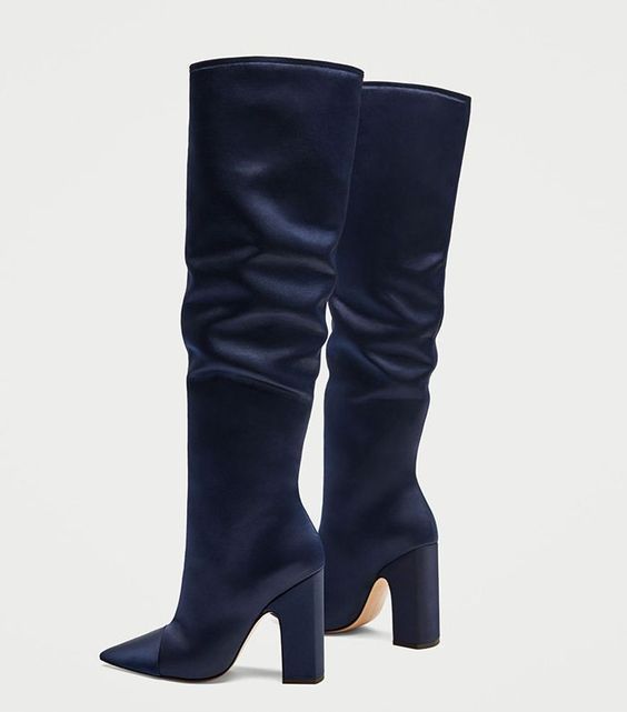 Pointed chunky heel pleated knee high boots