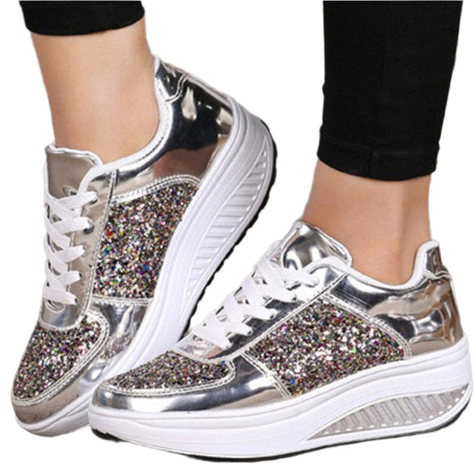 Women's sequin wedge sneakers, shiny sport shoes with elevated sole and stylish design for a chic look