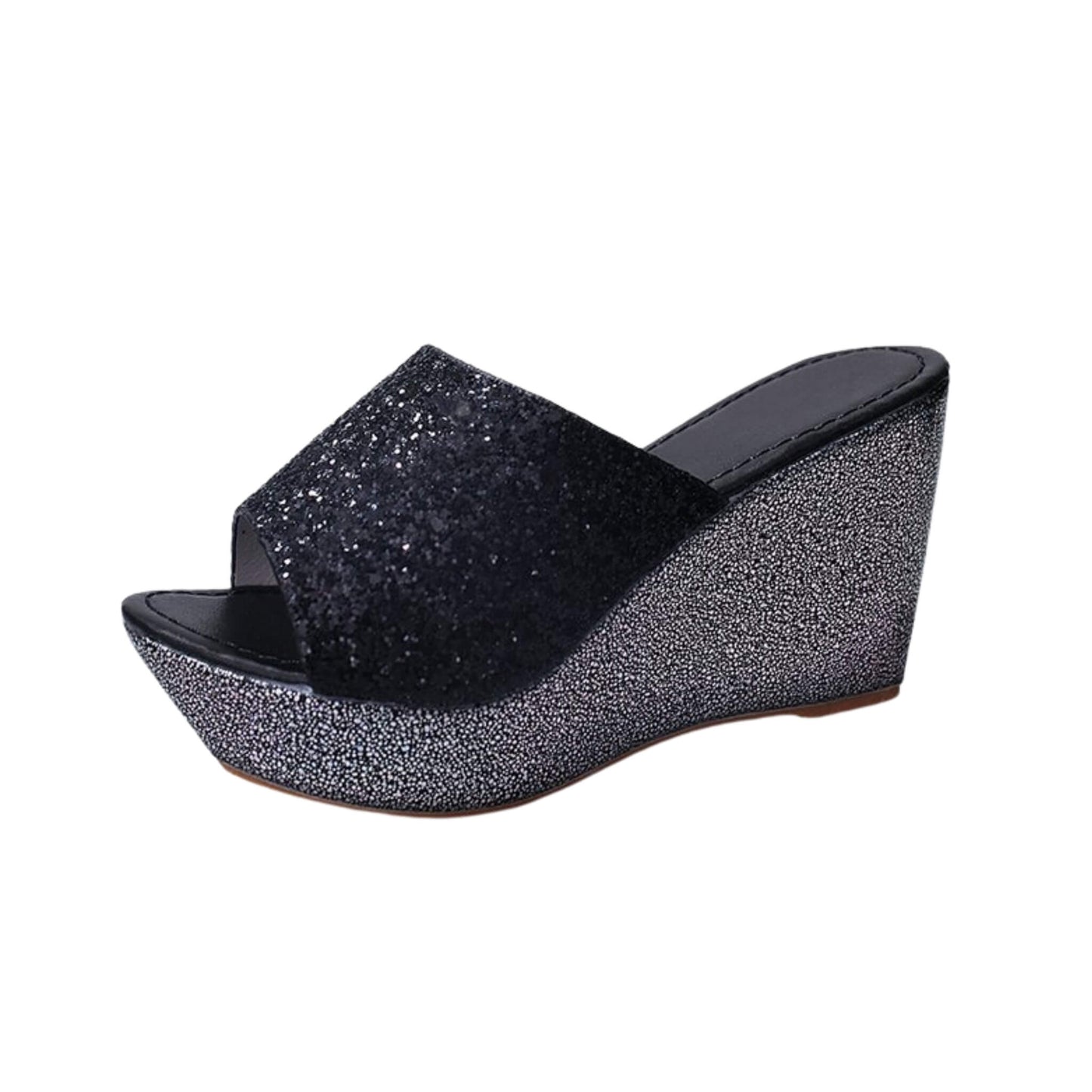 Summer Sequined Wedge Sandals with PU upper, non-slip rubber sole, lightweight design, and plain pattern. Perfect for everyday wear