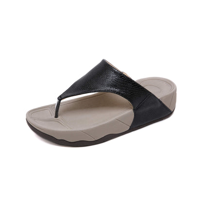 Summer platform wedge flip flops with sponge cake sole, non-slip, wear-resistant, and pigskin leather insole. Available in black, gray, apricot