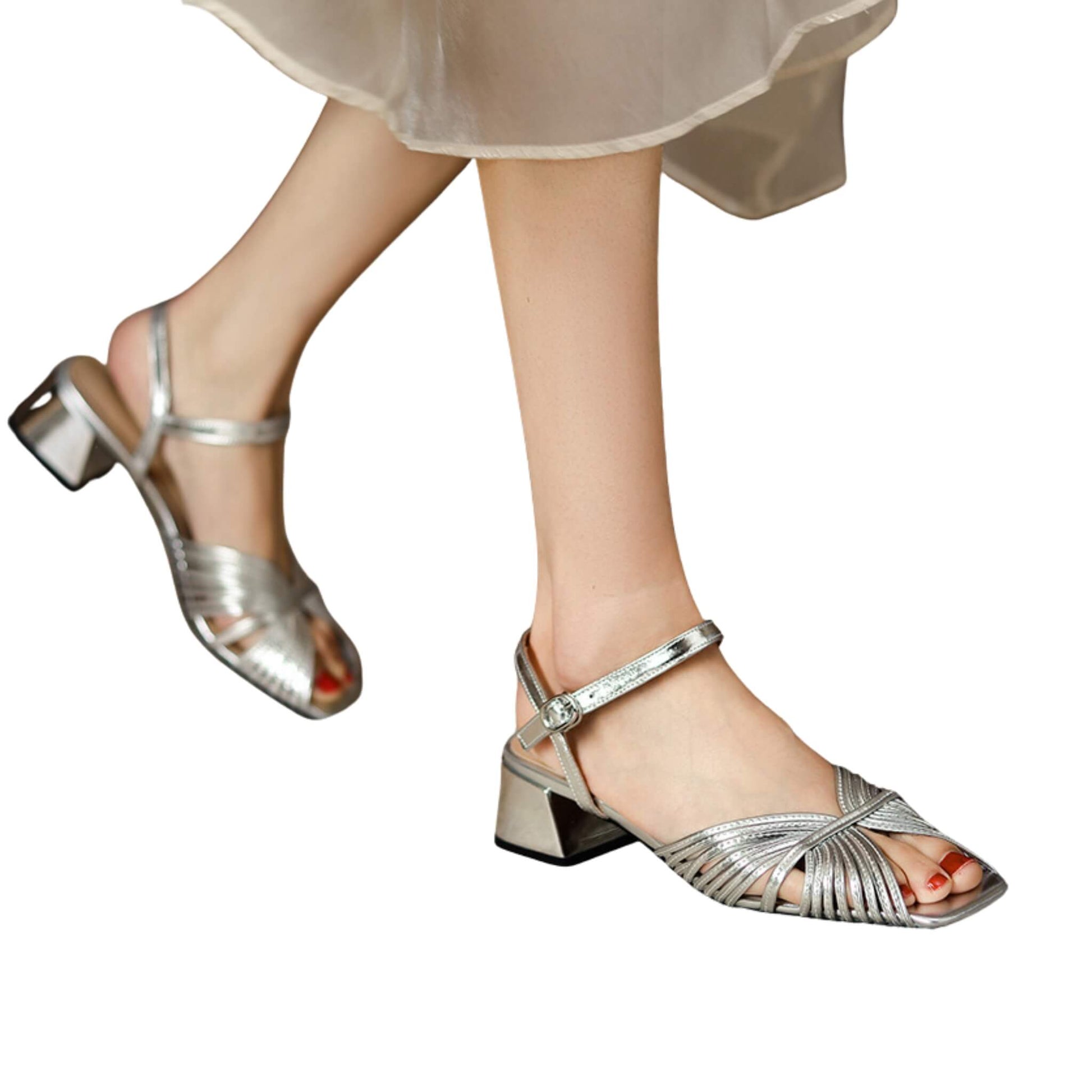 Women's retro square toe sandals with buckle straps, 4.5 cm mid heel, and patent leather upper. Available in gold and silver