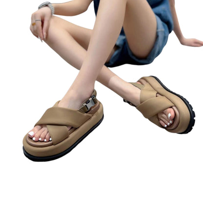 Retro Roman-style cross leather sandals for women. Mid-heel open-toe design, available in black and apricot. Sizes 35-40