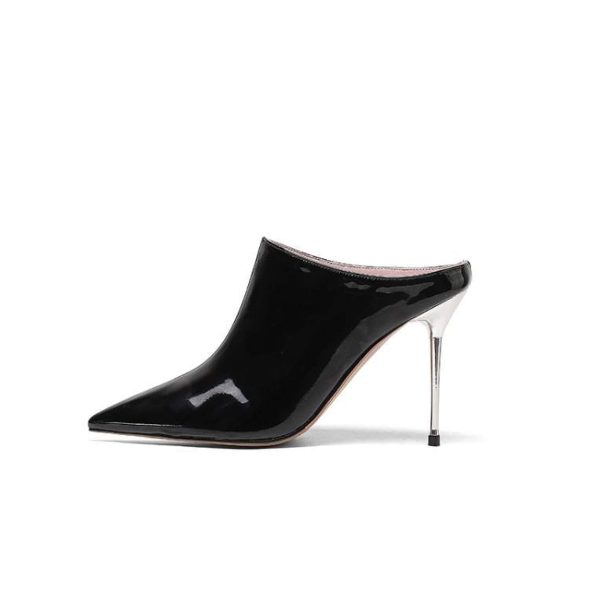 Sleek stiletto high heels with pointed toe, silver patent leather finish, iron heel, and modern design for elegant style