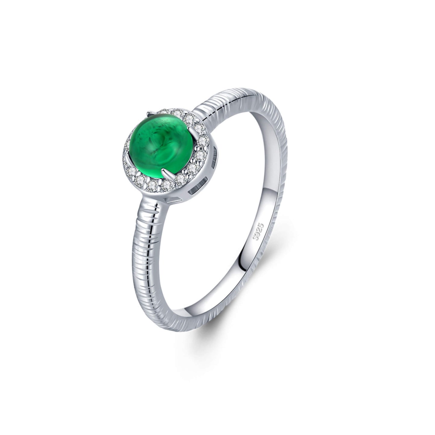 S925 Sterling Silver Round Agate Green Ring