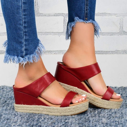 Women's wedge heel sandals with artificial PU upper, rubber sole, and round toe. Available in five colors and sizes 35-43