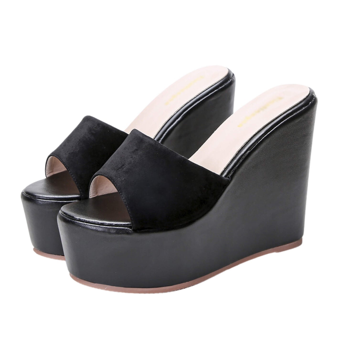 Simple and comfortable women’s wedge heel sandals, cow suede upper, fish mouth toe, rubber sole, available in black and apricot