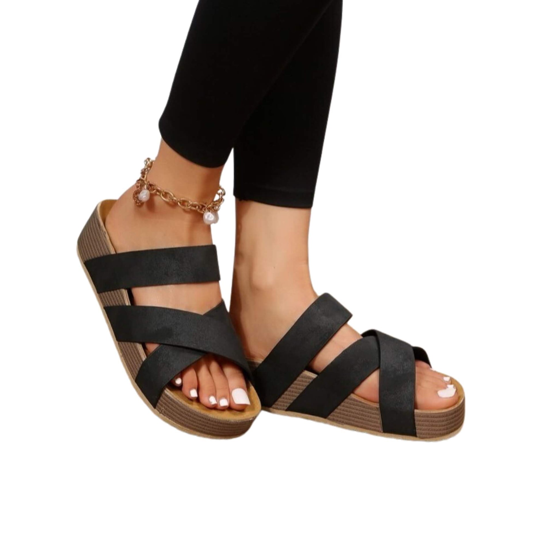 Woven Cross-Strap Platform Sandals in black, brown, beige, and more. PU upper, rubber sole, round toe, stylish for casual and dressy wear. Comfortable & durable