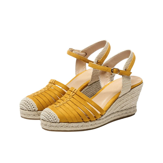 Platform Straw Woven Wedge Sandals in white/yellow with super high heels. Sheepskin upper, beef tendon sole. Sizes 34-39 for summer elegance