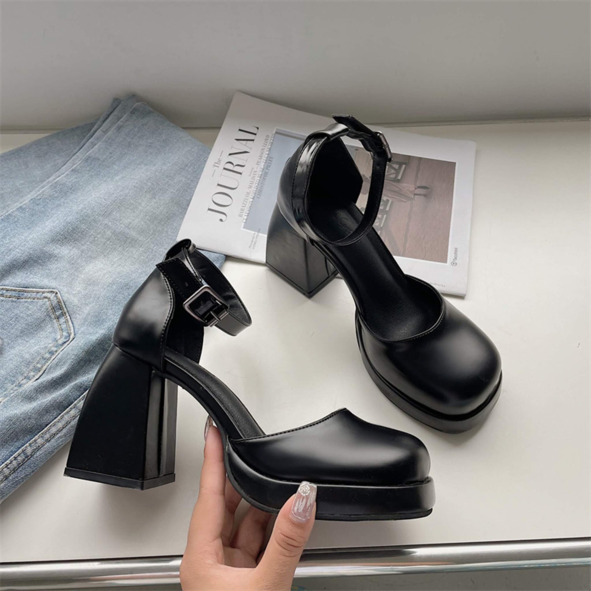 Thick Platform Mary Jane Super High Heels in black with rubber sole, PU inner material, and elegant design. Sizes 34-39 available