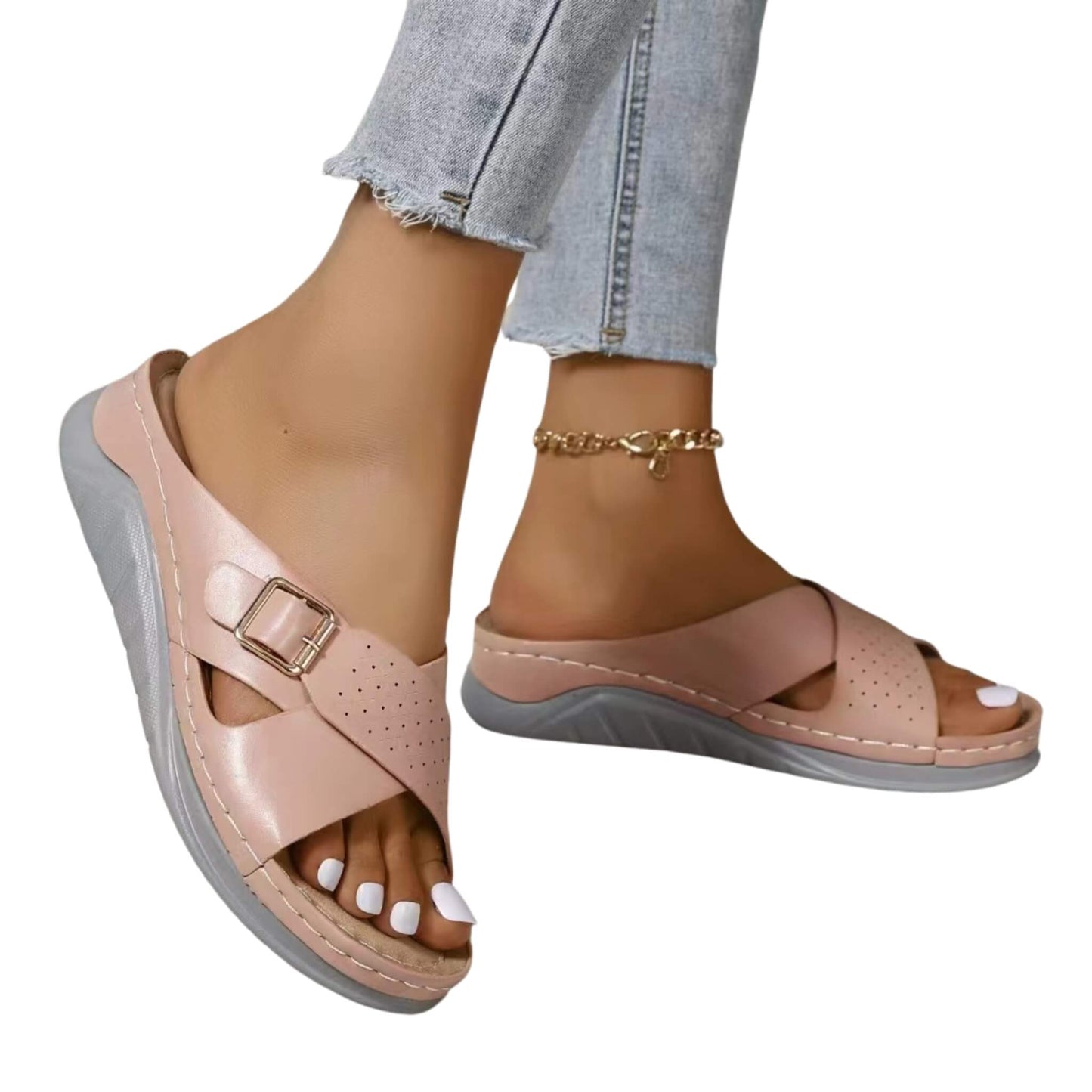 New Buckle Cross-Design Wedge Sandals for Women, Open "Fish Mouth" Toe, PU Upper, EVA Sole, Ideal for Beach, Casual, and Vacation Wear