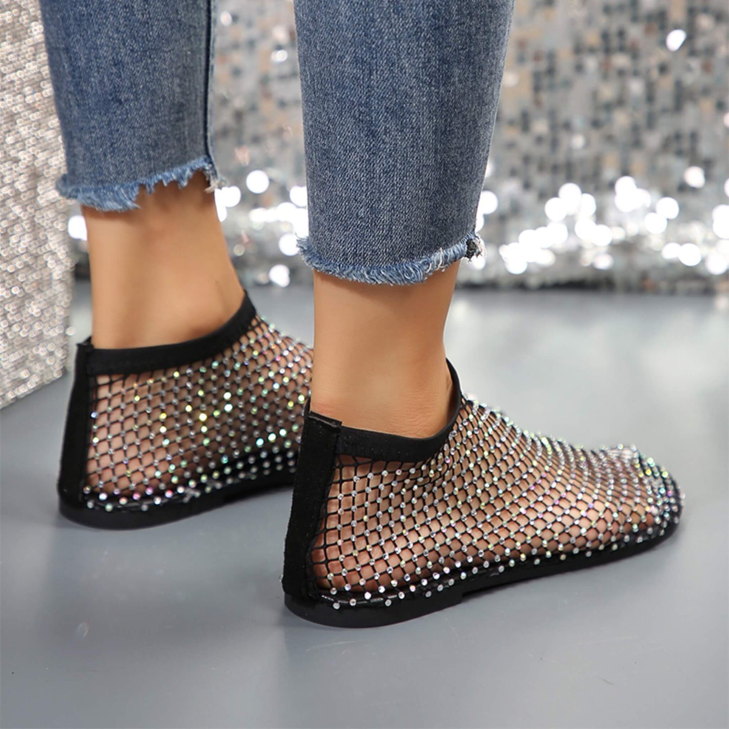 Rhinestone Hollow Flat Sandals with a round toe, mesh upper, rubber sole, and high-top heel. Stylish and comfortable footwear for summer