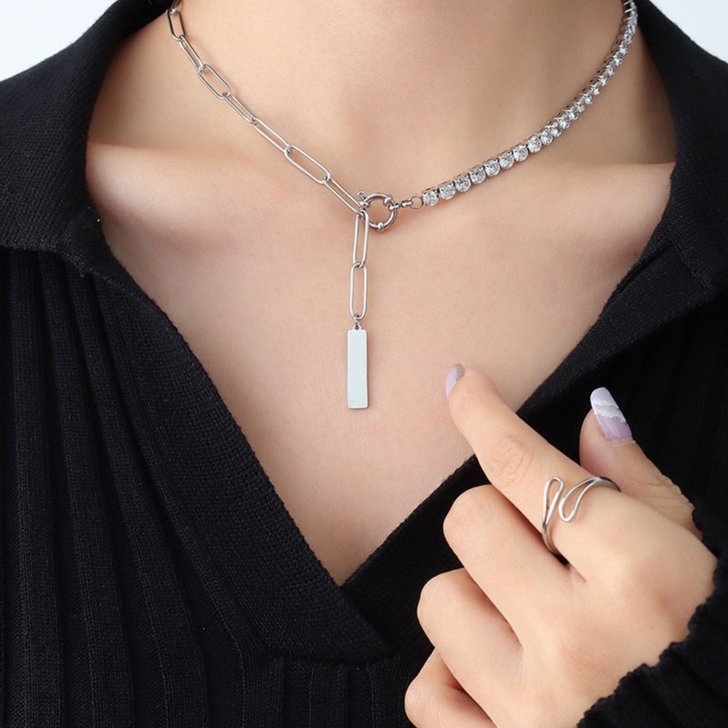 Square strip pendant stainless steel necklace, modern and sleek jewelry piece ideal for everyday wear and versatile styling