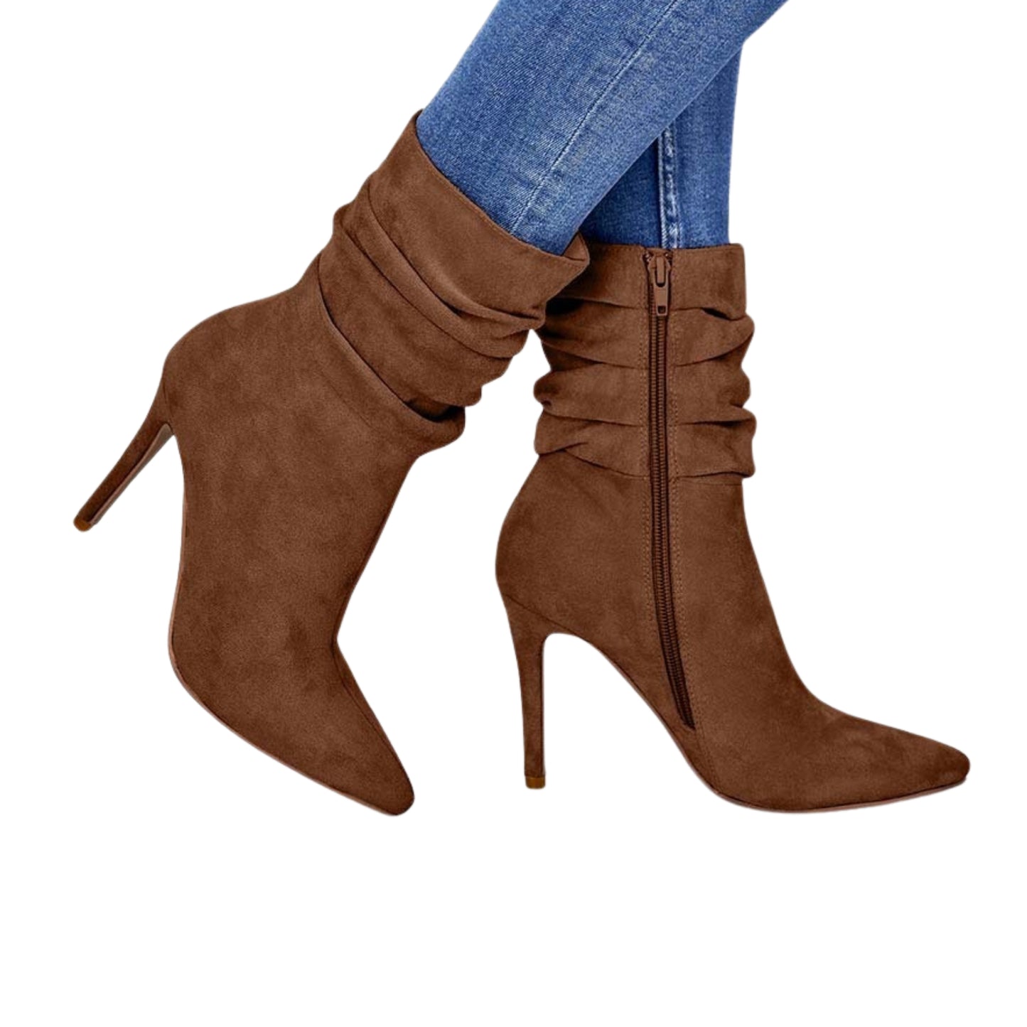 Pointed-toe stiletto heel ankle boots for women, medium-tube suede design, side zipper closure, available in black, apricot, and brown