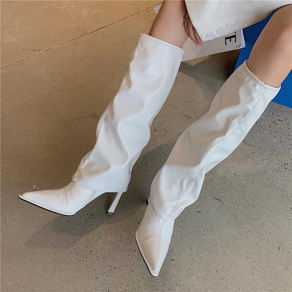 Patent Leather Pointed Toe Pantyhose Boots Stiletto High