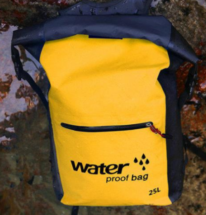 A rugged waterproof mountaineering bag designed for outdoor adventures, featuring durable material and multiple compartments for efficient gear storage. The bag has adjustable padded shoulder straps, a secure top flap, and side pockets for water bottles or tools. Ideal for hiking, climbing, and camping, offering both water resistance and comfort for long treks