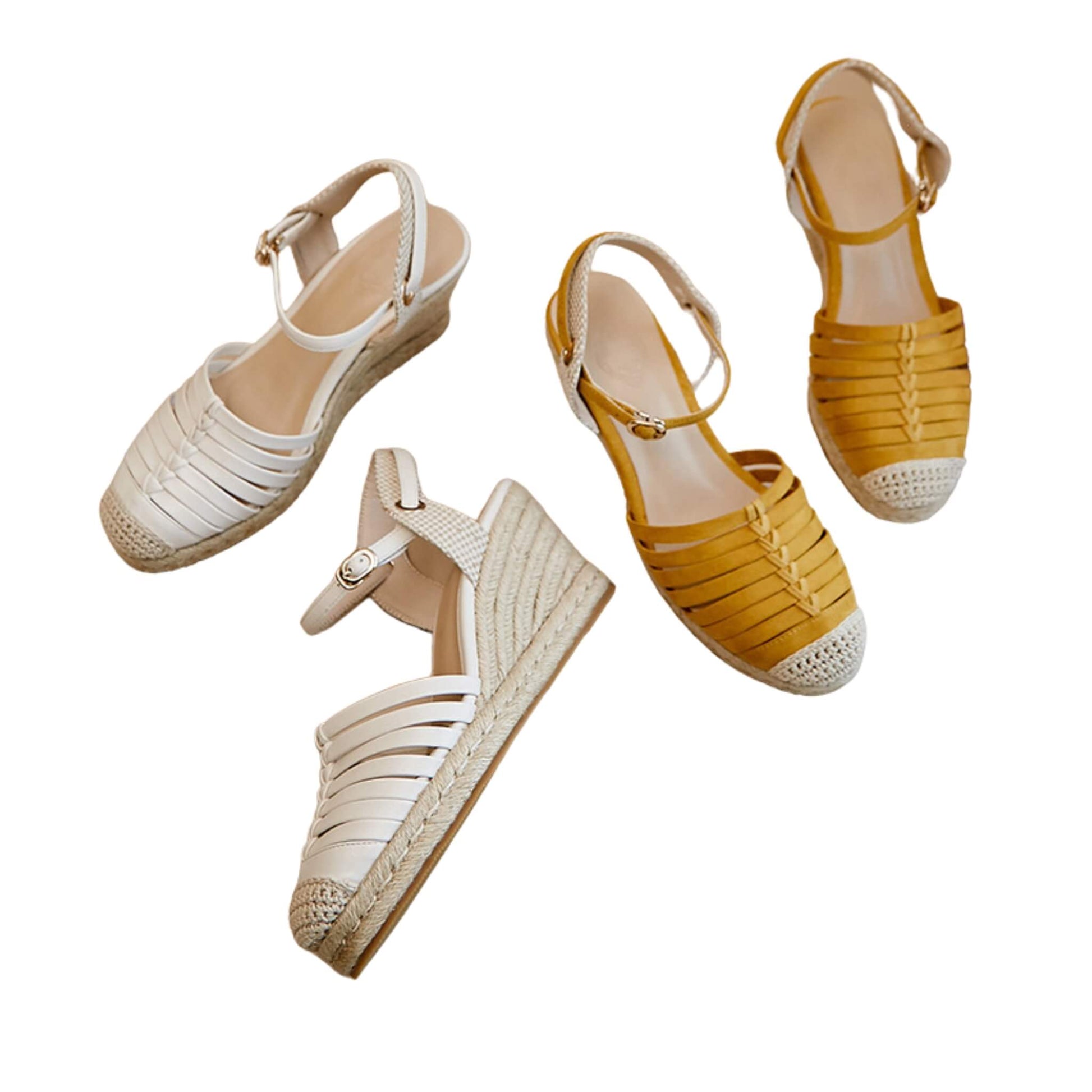 Platform Straw Woven Wedge Sandals in white/yellow with super high heels. Sheepskin upper, beef tendon sole. Sizes 34-39 for summer elegance