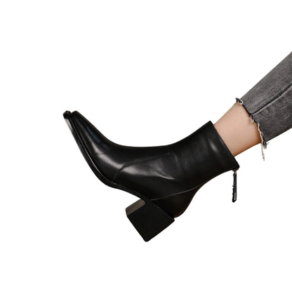 Women's Leather Chunky Heel Square Toe Ankle Boots