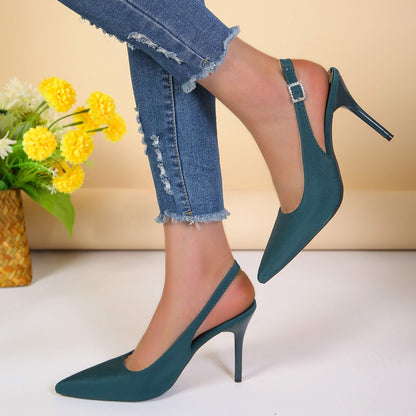 Stylish Summer Stiletto Sandals with pointed toe, PU upper, rubber sole, and one-piece buckle strap design. Elegant and comfortable for daily wear