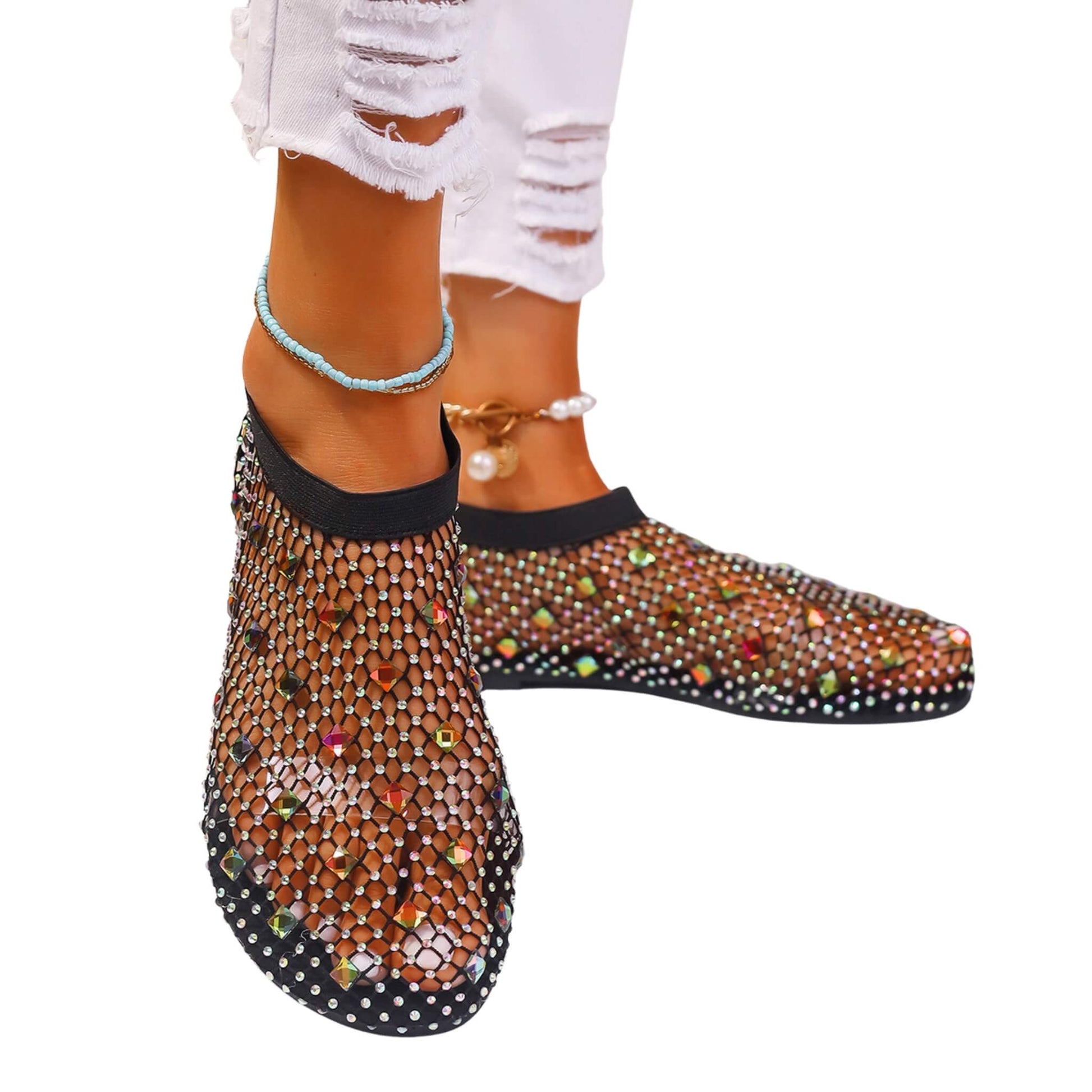 Rhinestone Mesh Sandals with breathable mesh upper, rubber sole, round toe, and stylish heel. Comfortable and breathable summer footwear