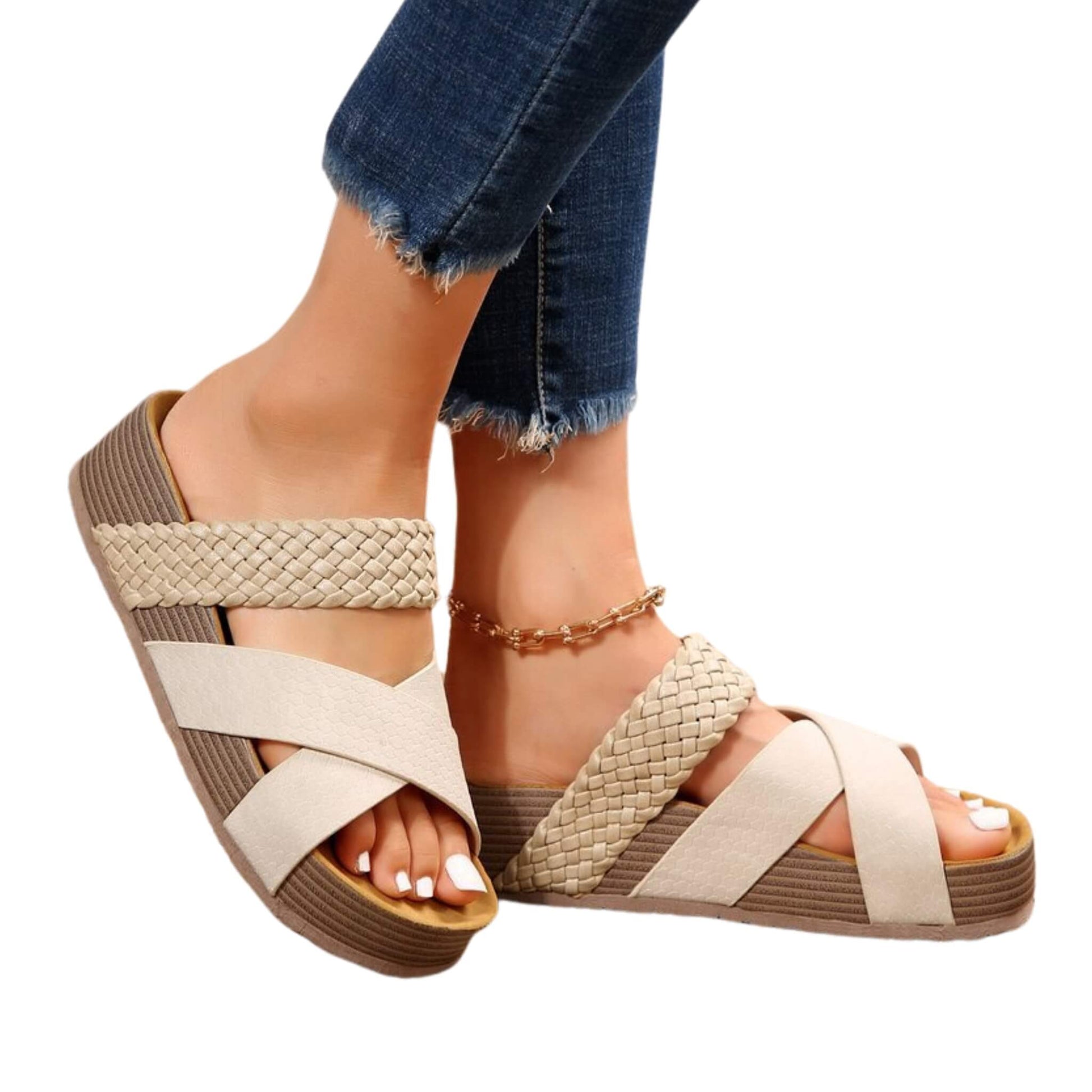 Woven Cross-Strap Platform Sandals in black, brown, beige, and more. PU upper, rubber sole, round toe, stylish for casual and dressy wear. Comfortable & durable