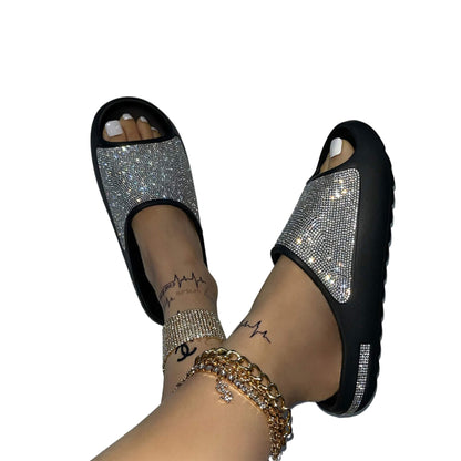 Rhinestone Peep Toe Thick Sole Fashion Slides