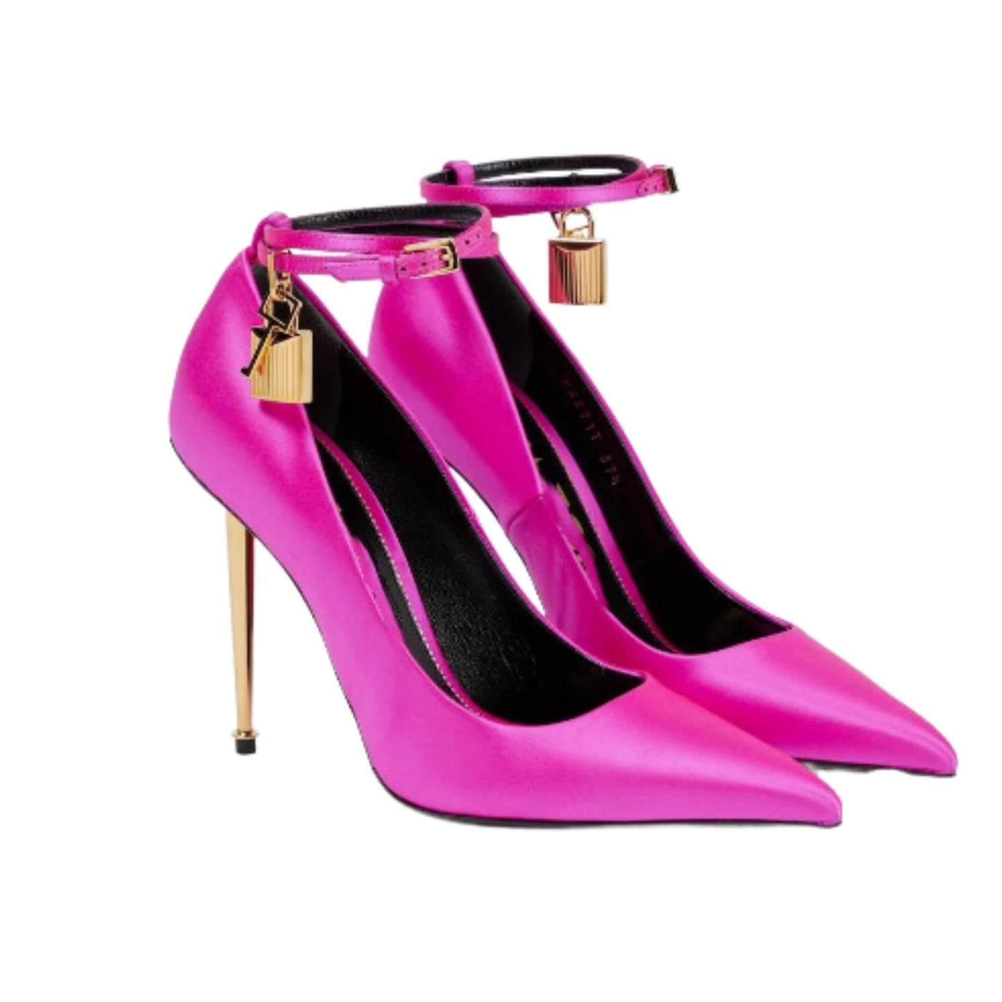 Pointed suede high heels with gold padlock design, ultra-high stiletto (8cm+), available in multiple colors for women