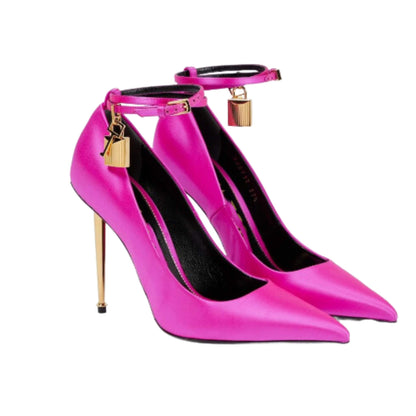 Pointed suede high heels with gold padlock design, ultra-high stiletto (8cm+), available in multiple colors for women