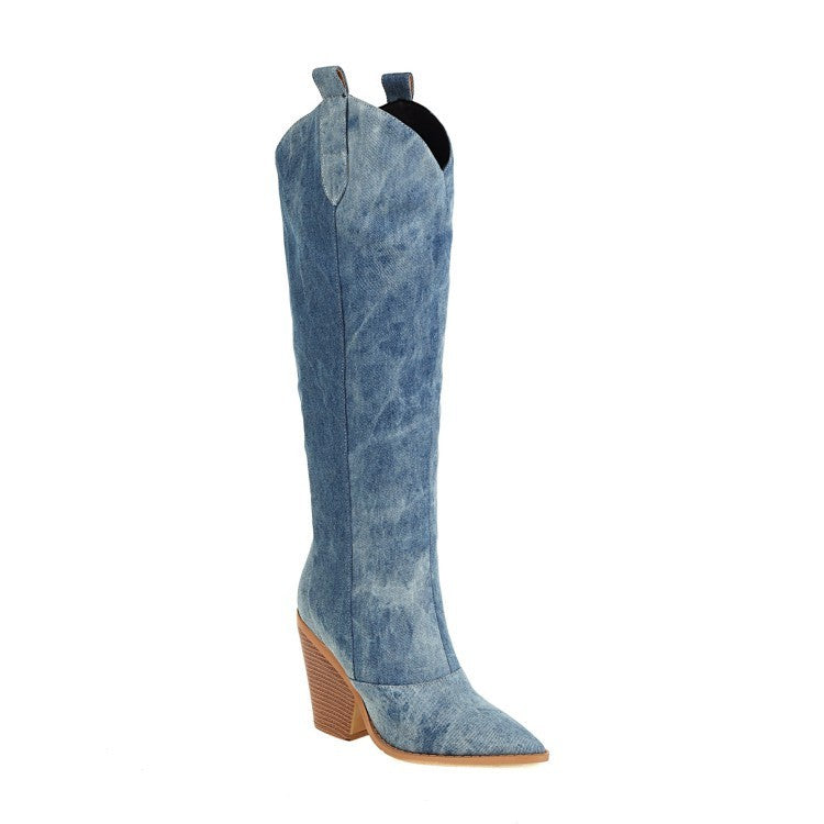 Denim Pointed Toe Super Heel High Knee Boots