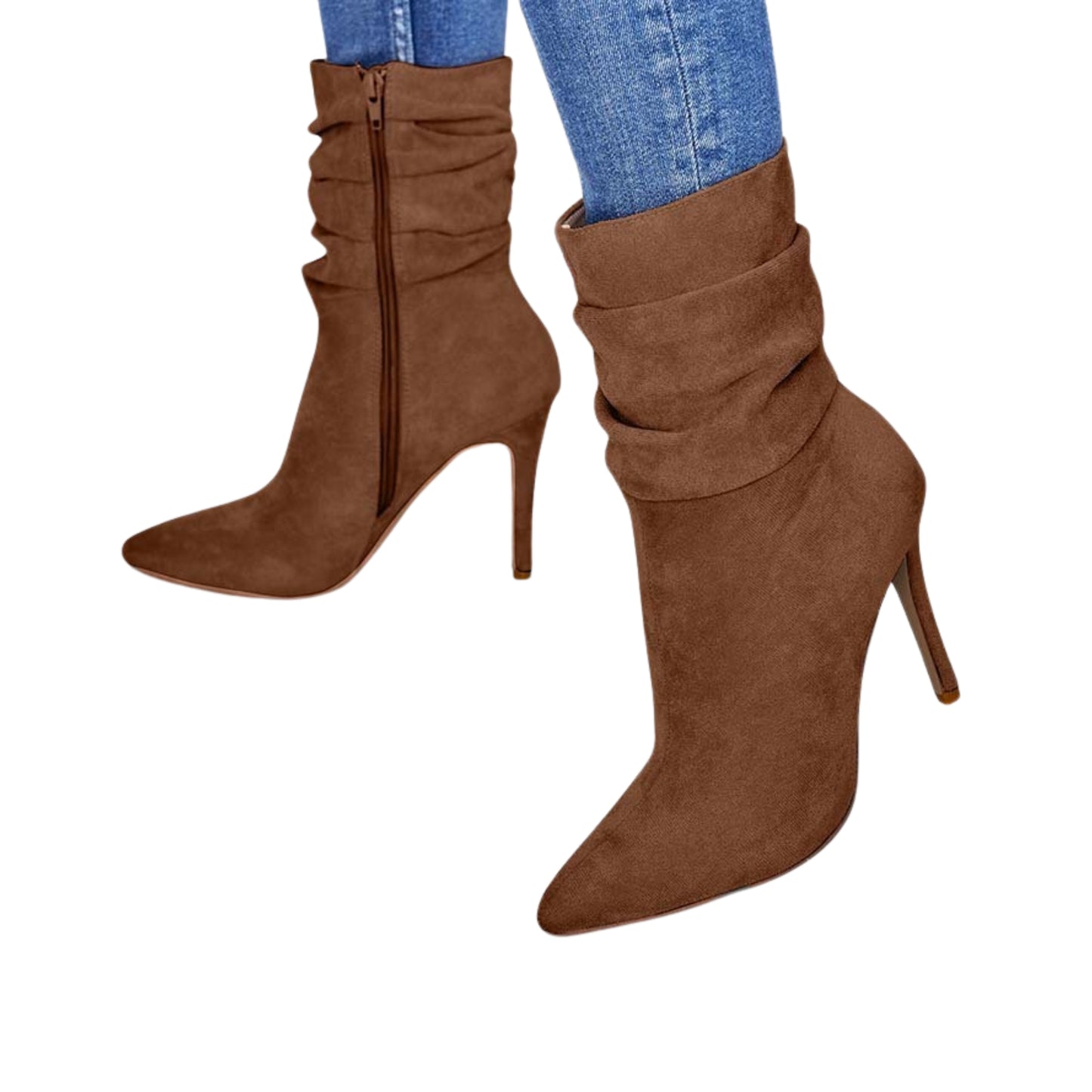 Pointed-toe stiletto heel ankle boots for women, medium-tube suede design, side zipper closure, available in black, apricot, and brown