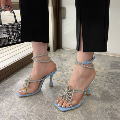 Rhinestone Flower Strap Square Toe High Heels