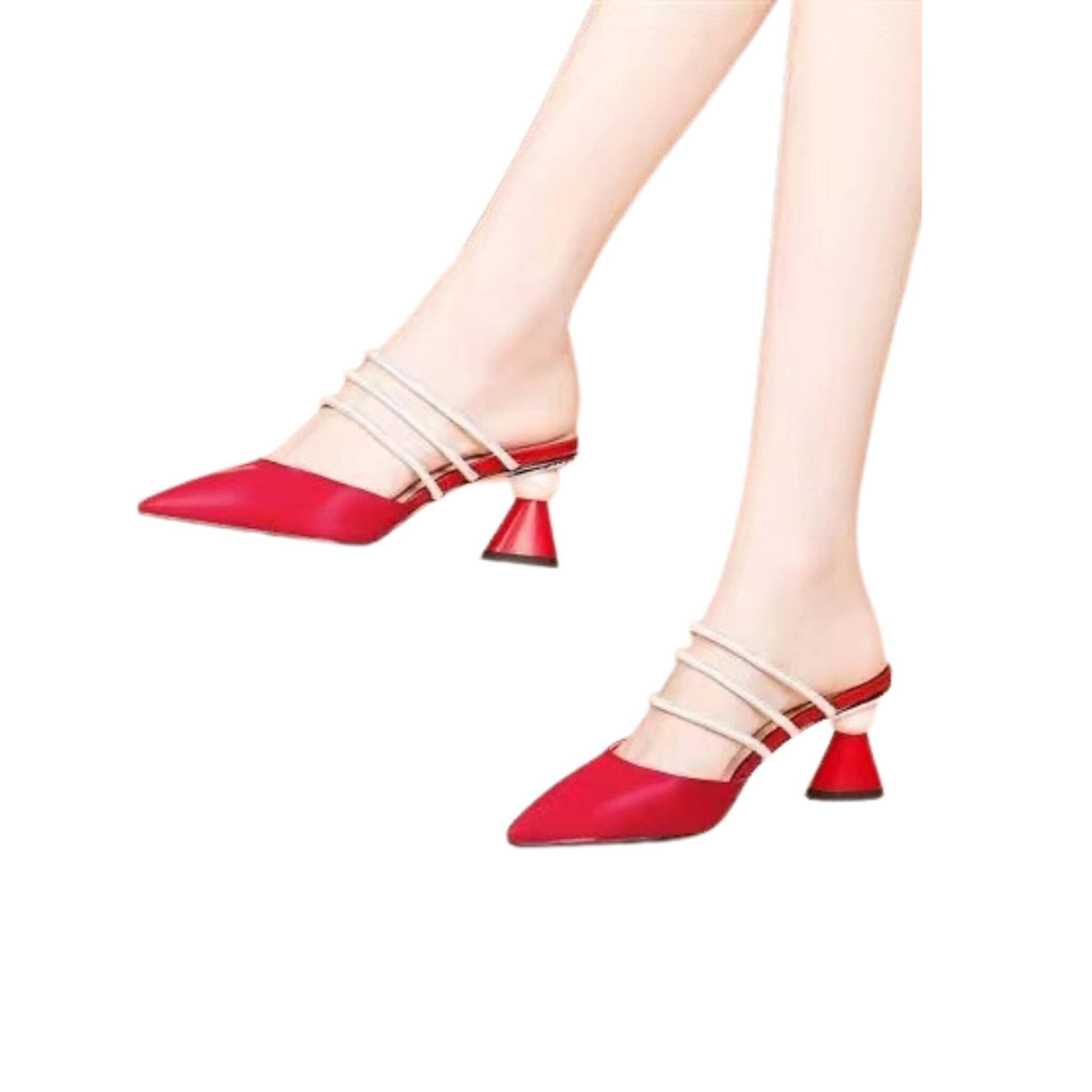 Unisex mid-heel leather sandals with a half-bag toe design, PU upper, rubber sole, available in black, red, and off-white