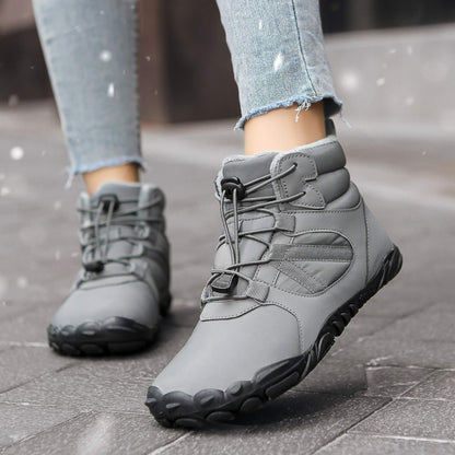 Warm non-slip waterproof hiking boots with cotton lining, rubber soles, and middle-top design for men and women, available in 5 colors