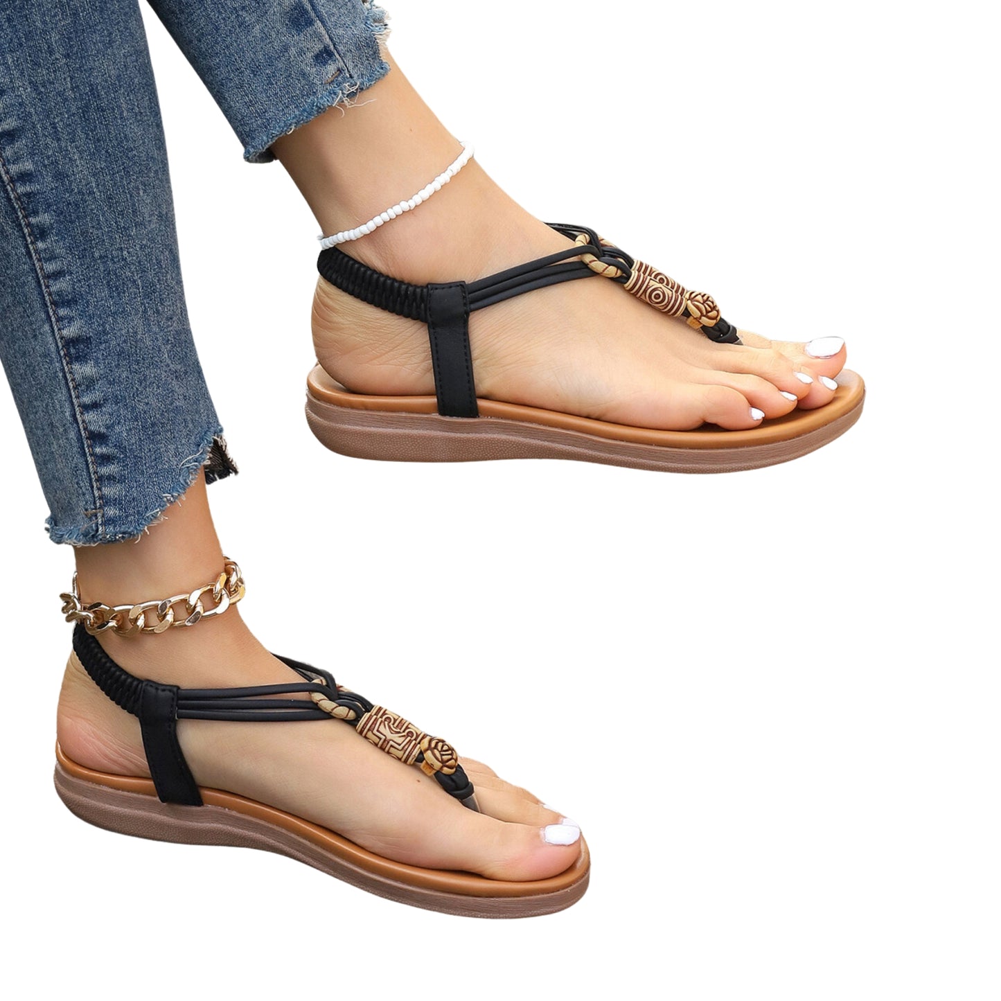 Women’s Roman thong sandals with PU upper, durable rubber sole, round toe, stylish hollow design, breathable side hollow, soft imitation leather lining