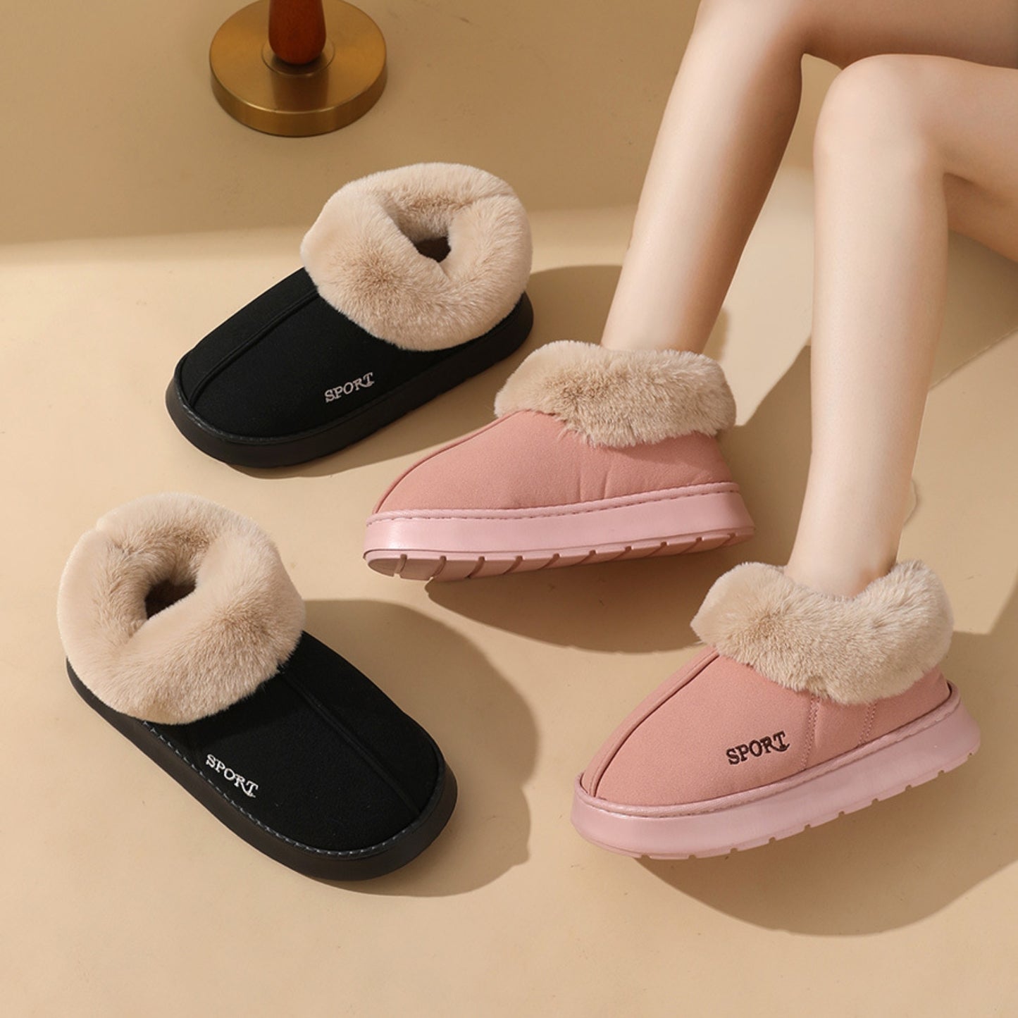 Plush Cotton Shoes for Women: Winter Warm Home Slippers & Outdoor Snow Boots