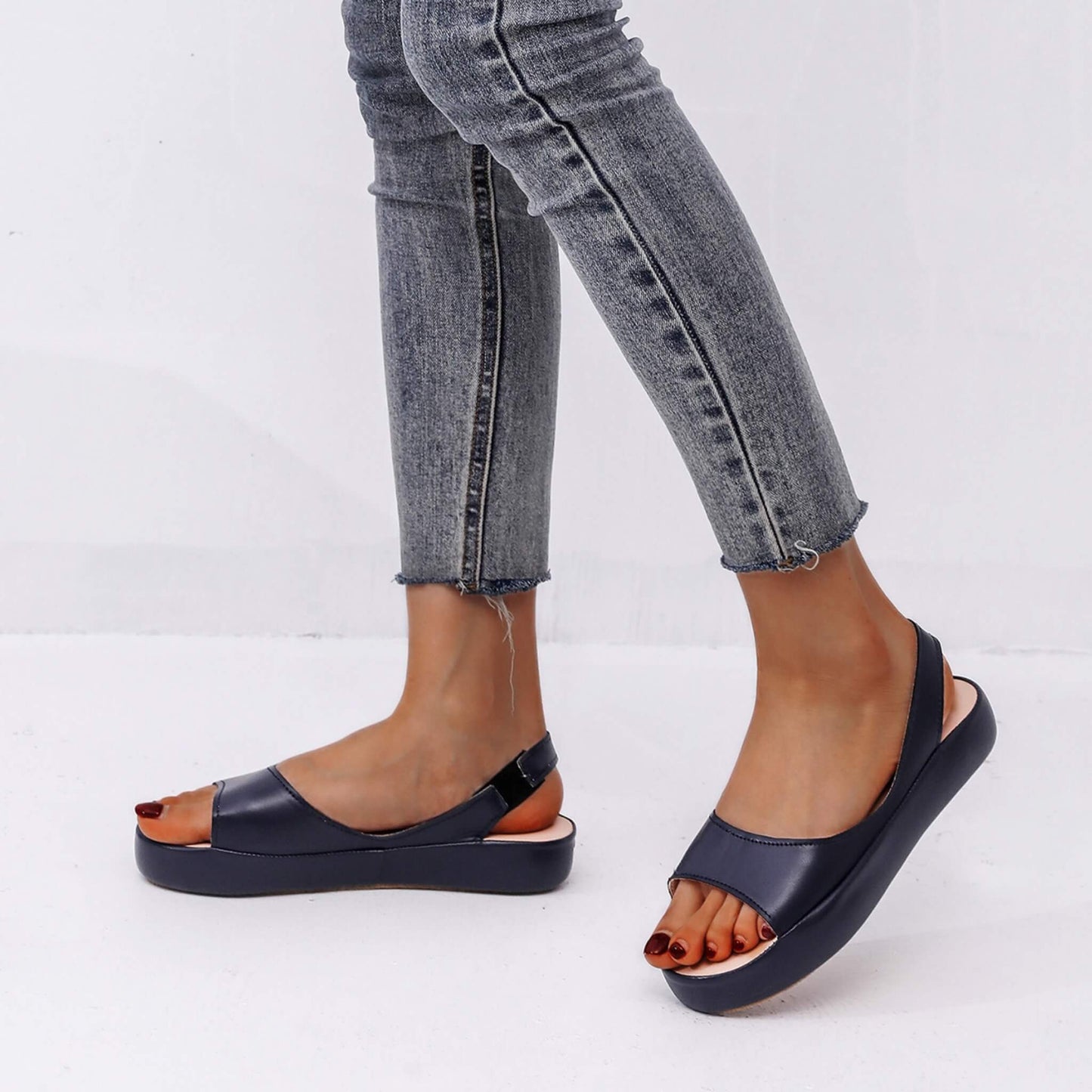 Strap Design Fish Mouth Sandals with artificial PU upper, rubber sole, and side hollow design. Stylish, lightweight, and perfect for summer wear