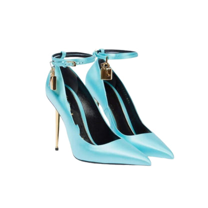 Pointed suede high heels with gold padlock design, ultra-high stiletto (8cm+), available in multiple colors for women