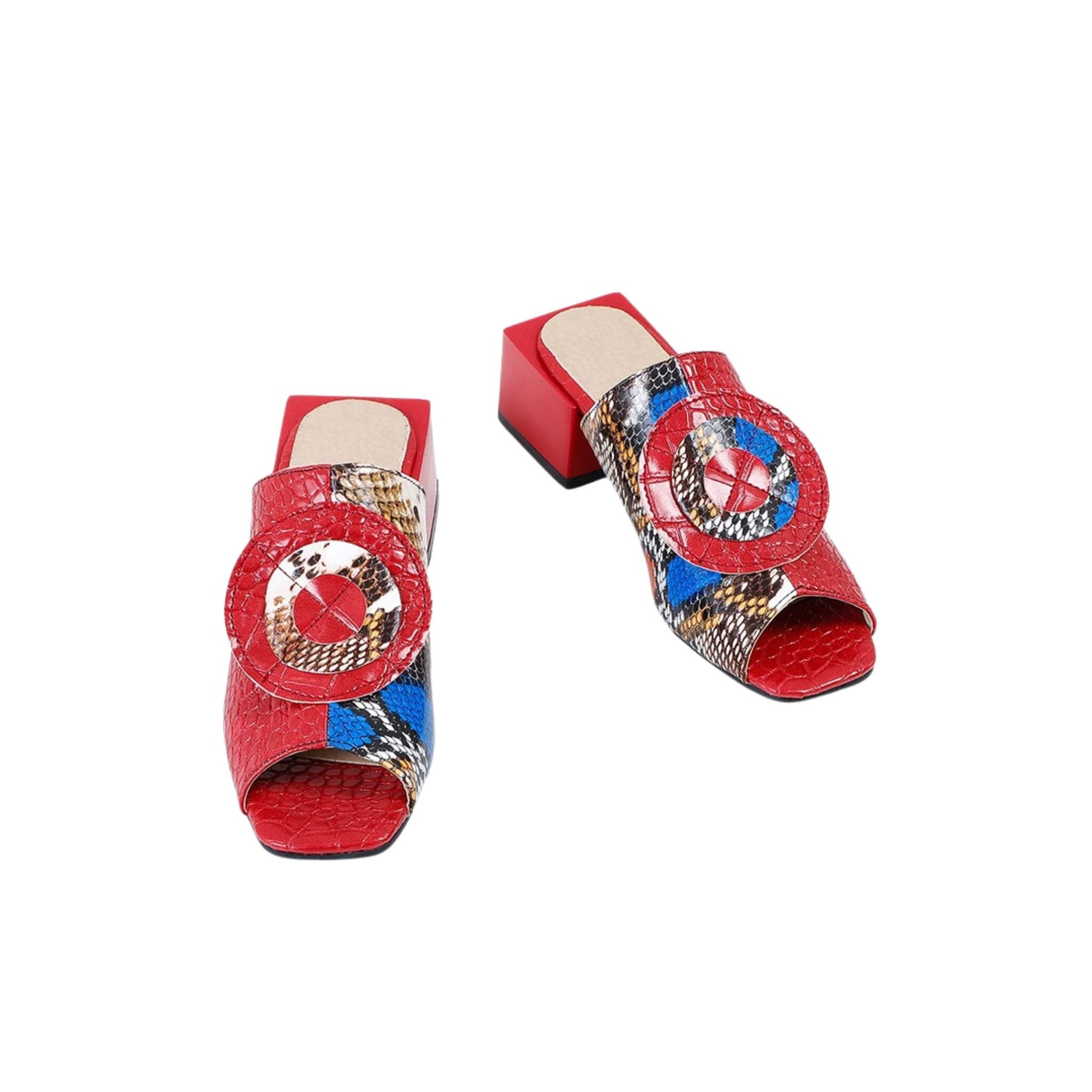 Women’s plus size fish mouth sandals in yellow, red, black, and blue. PU upper, rubber sole, 5 cm heel, available in sizes 32, 33, 40, 48 for spring and summer