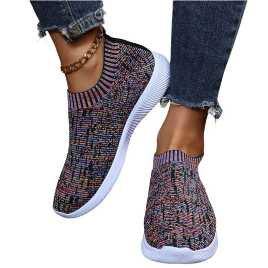 Stripe knit sock shoes flats, lightweight sneakers for running and walking, breathable loafers with slip-on design