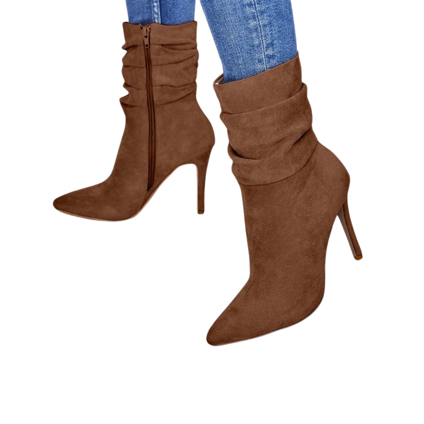 Pointed-toe stiletto heel ankle boots for women, medium-tube suede design, side zipper closure, available in black, apricot, and brown