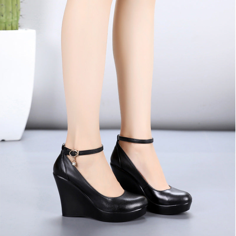 Fashion Ankle Strap High Wedges Platform Pumps For Women Casual Genuine Leather Black Work Shoes High Heels