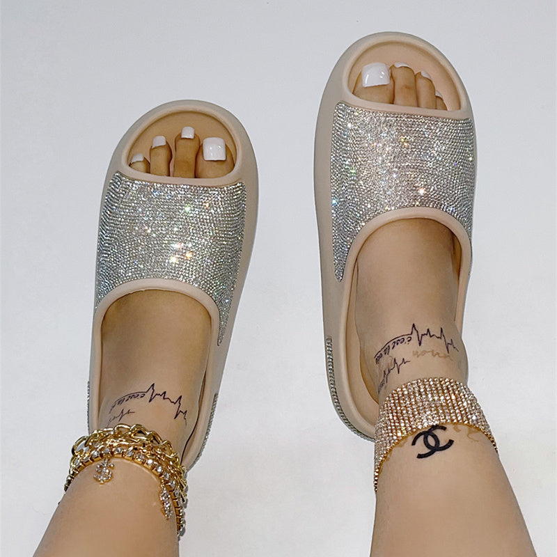 Rhinestone Peep Toe Thick Sole Fashion Slides