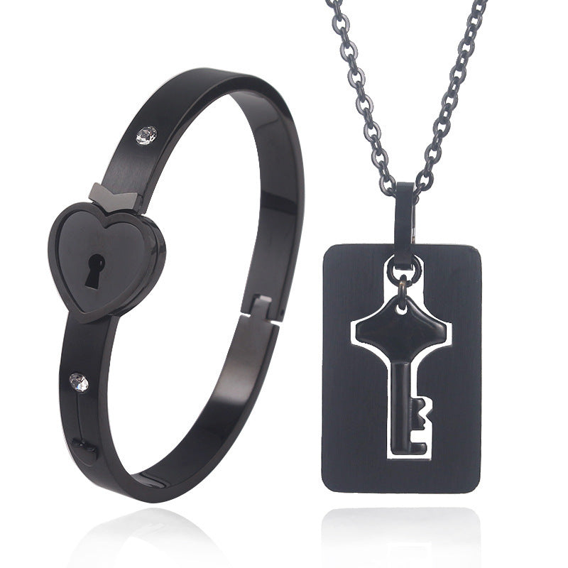 Titanium Steel Love Lock Bracelet & Necklace Set