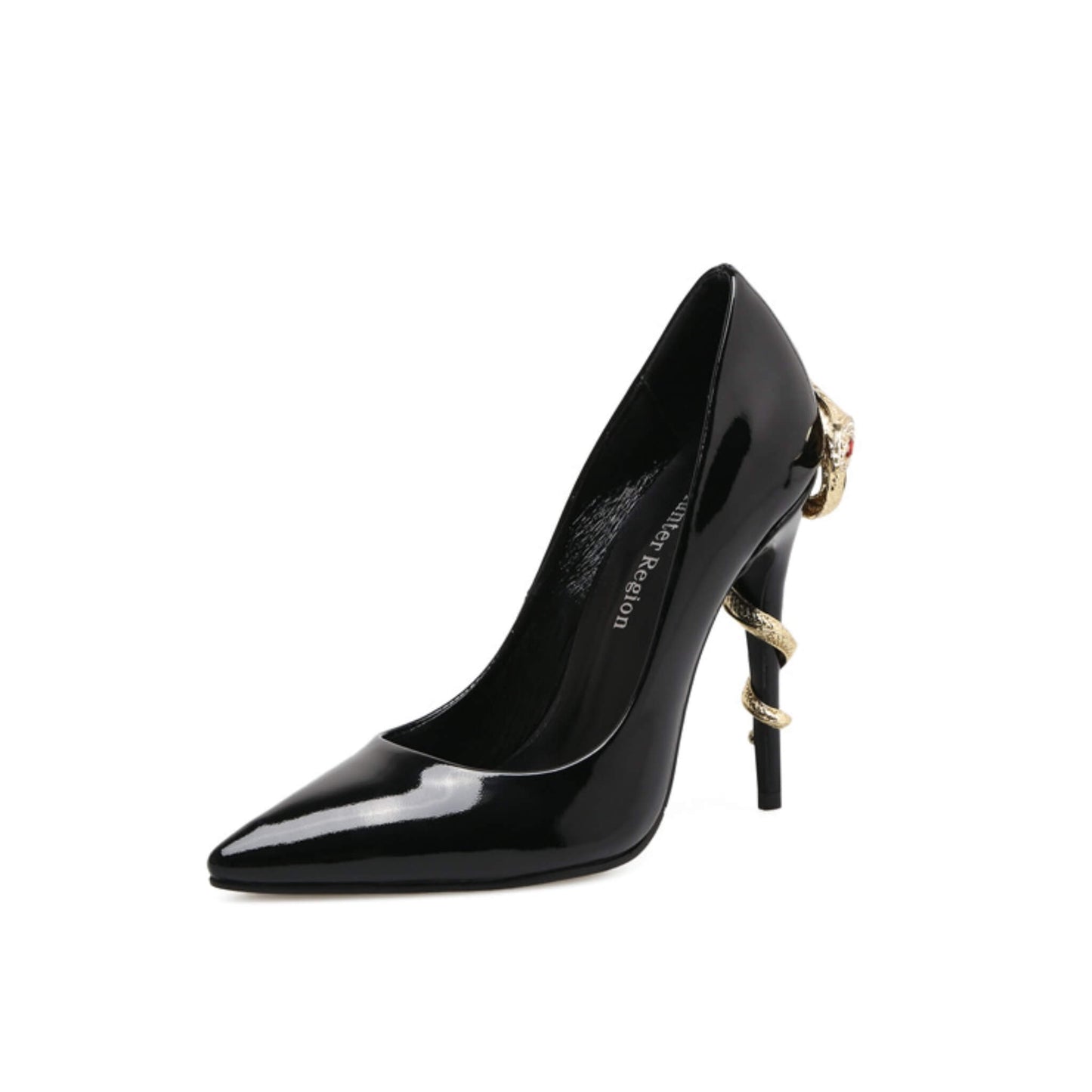 Elegant pointed-toe high heels with stiletto design, solid color patent leather finish, and rhinestone details for women