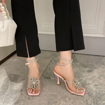 Rhinestone Flower Strap Square Toe High Heels