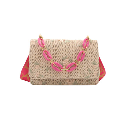 Women's Fashion Straw Small Square Bag Acrylic Chain